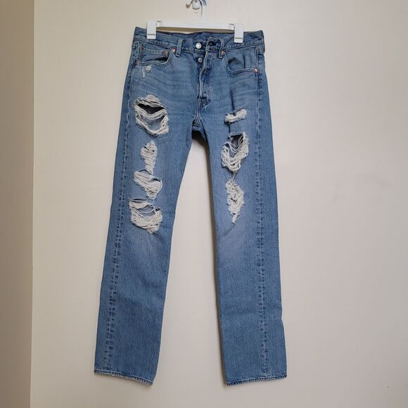 Levis Mens 501 Original-Fit 32x34, (31x32) Ripped Destroyed Light Wash Jeans